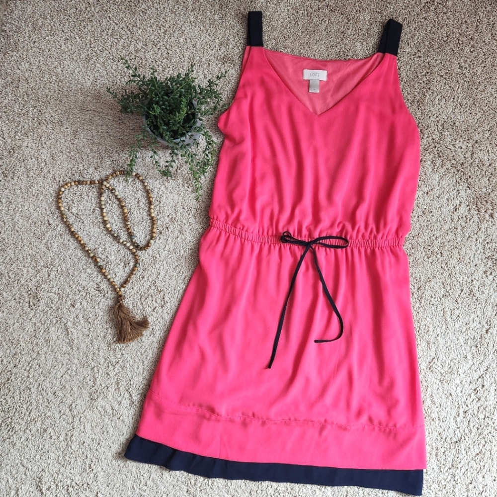 LOFT Pink Navy Sleeveless V-Neck Drawstring Waist Mini Dress Size L